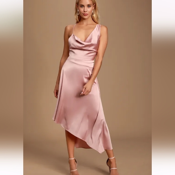 Lulus Dresses & Skirts - Lulu's Sereno Mauve Pink Satin Cowl Neck Asymmetrical Midi Dress